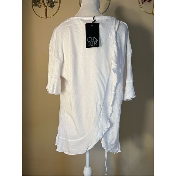 NWT! Chaser White Ruffle Lettuce Hem Open Wrap Back Short Sleeve Top Medium - Picture 7 of 7